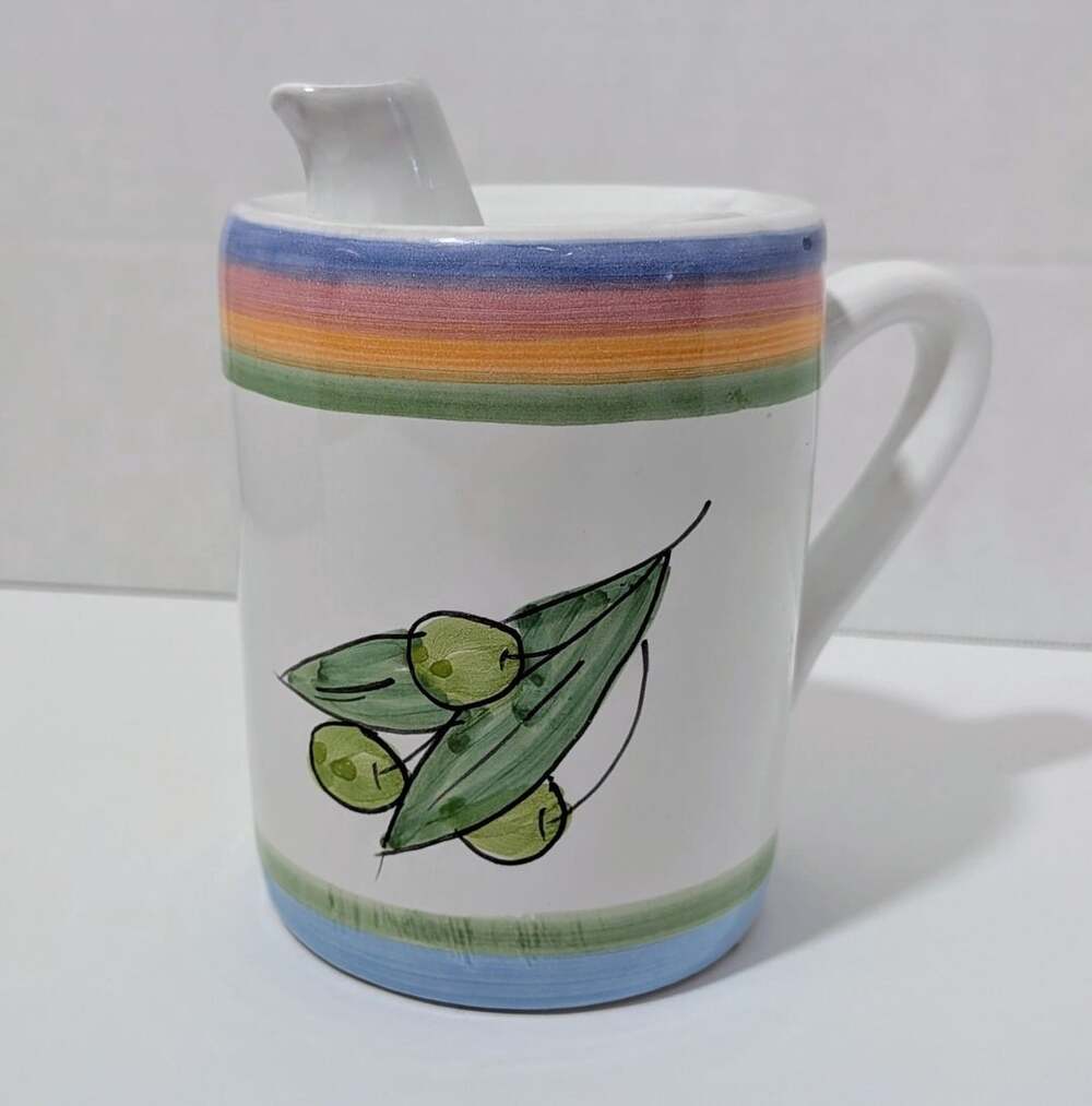 Olive Oil Dispenser Jug Caleca Italy Hand Painted Italian Ceramic Vintage Colors